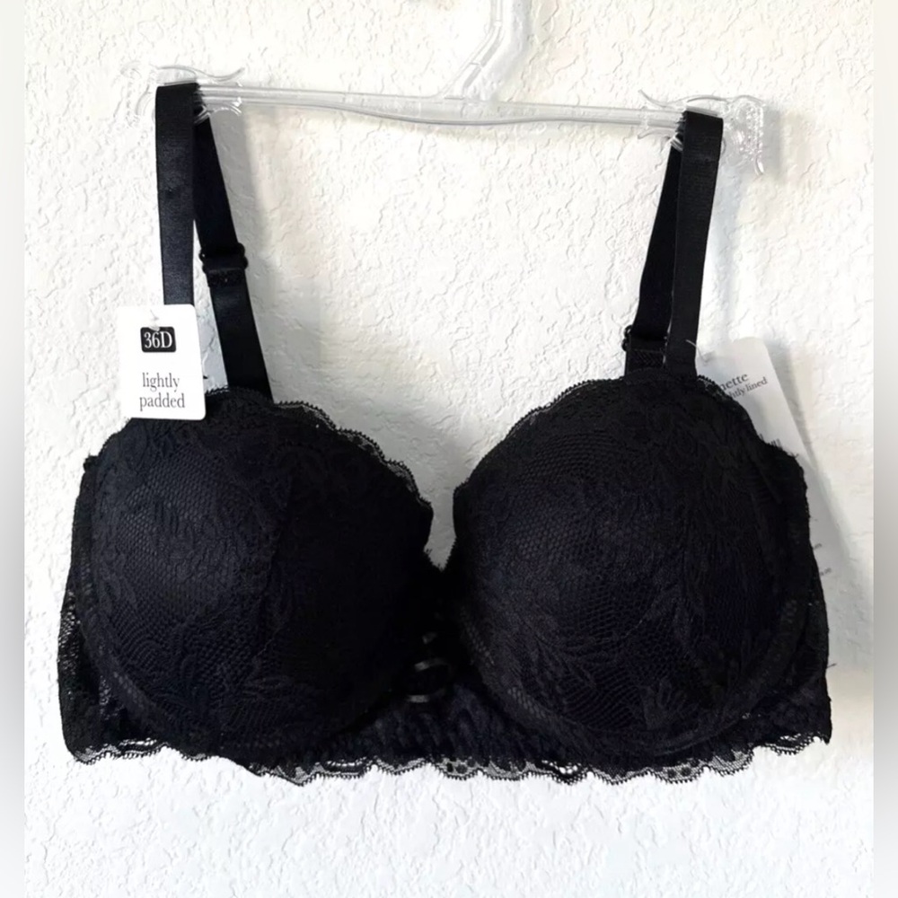 Rene Rofe Balconette Convertible Lightly Lined Lace Bra 36D  -Black-